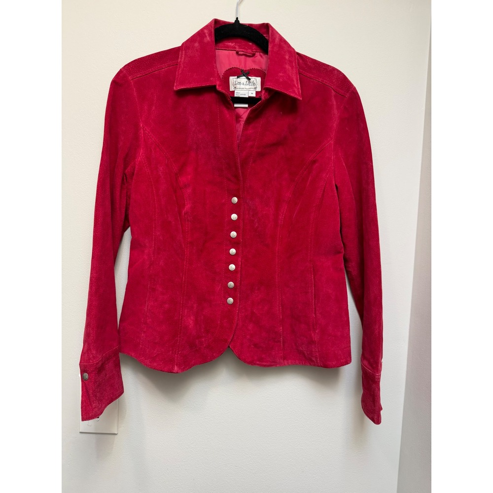 Raspberry Red Leather Jacket Womens Medium 100% Suede Button Front Y2K 90s
